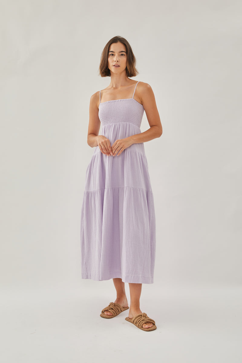 Shirred Maxi Dress in Soft Purple