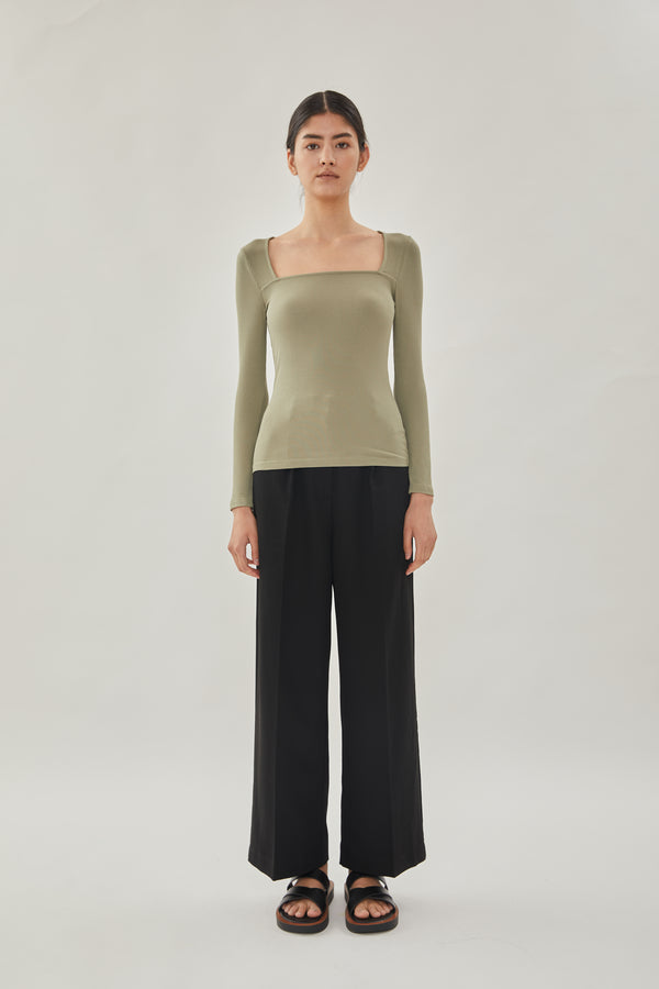 Square Neck Knit Top in Olive
