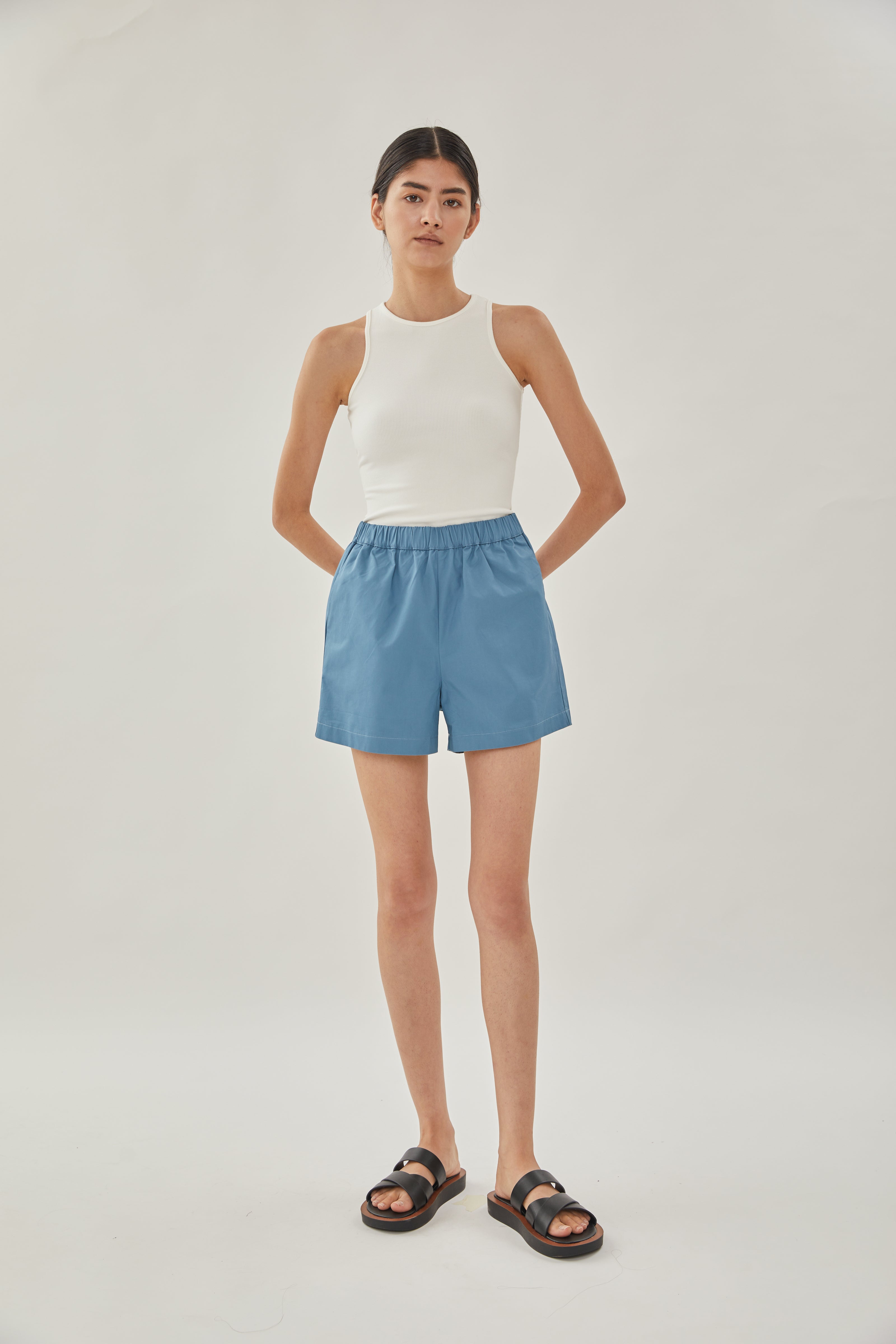 Cotton Relaxed Shorts in Stone Blue
