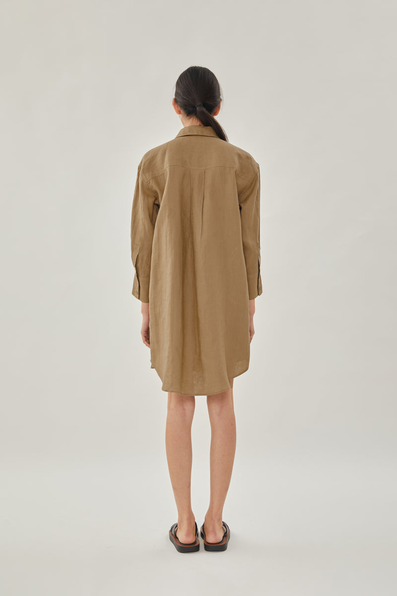 Linen Shirt Dress in Brown