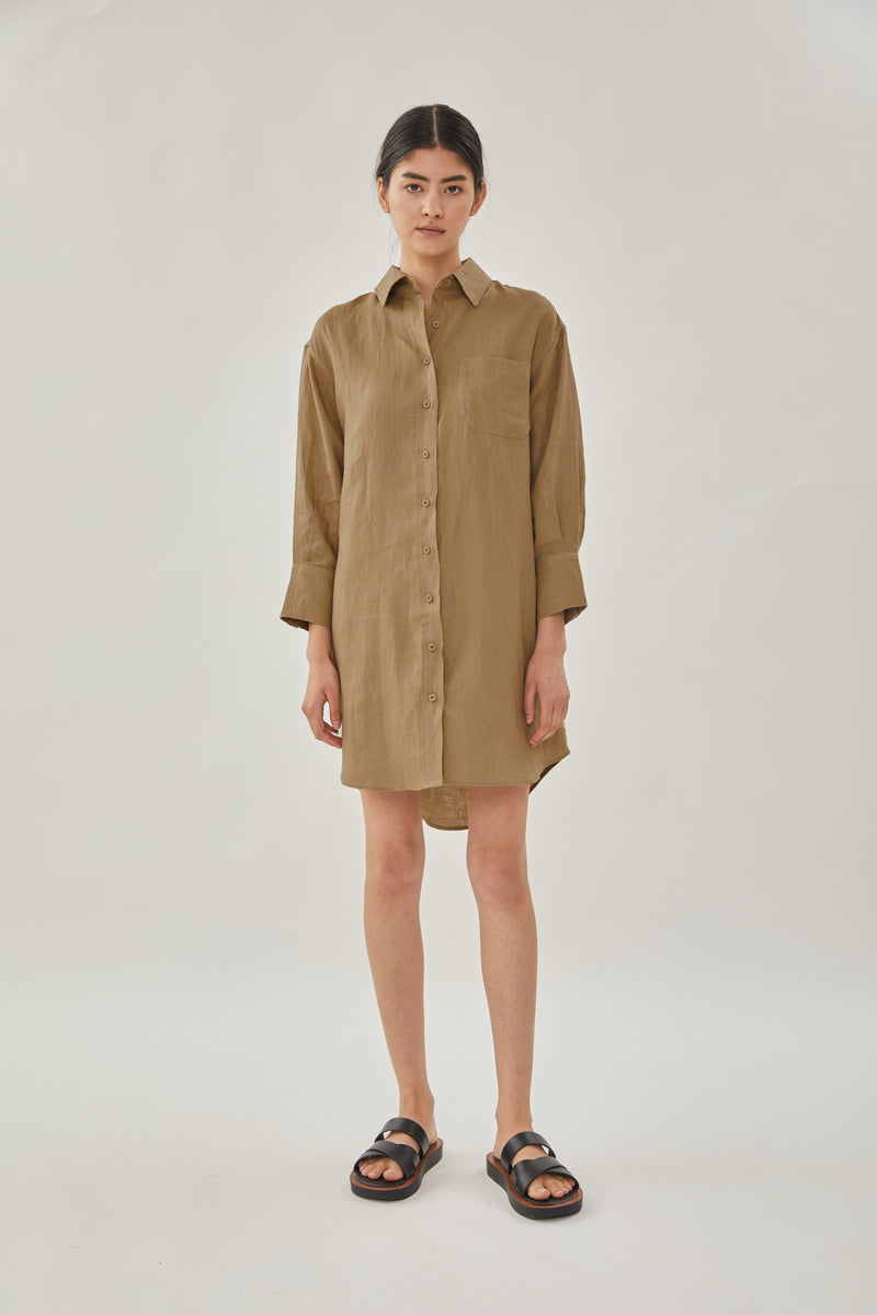 Linen Shirt Dress in Brown