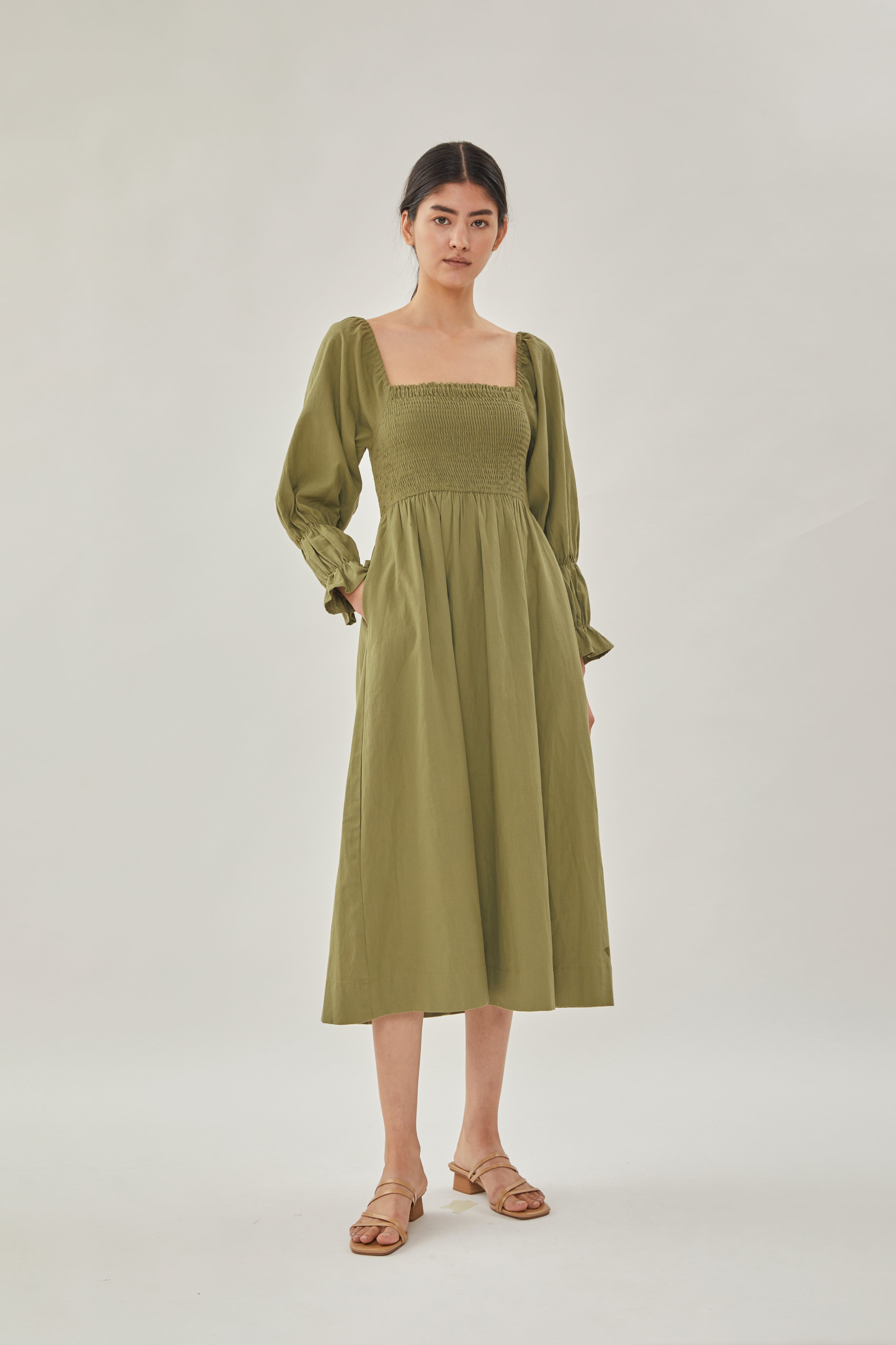 Cotton Shirred Midi Dress in Moss