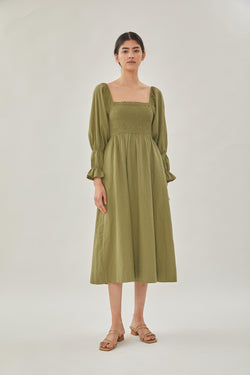 Cotton Shirred Midi Dress in Moss