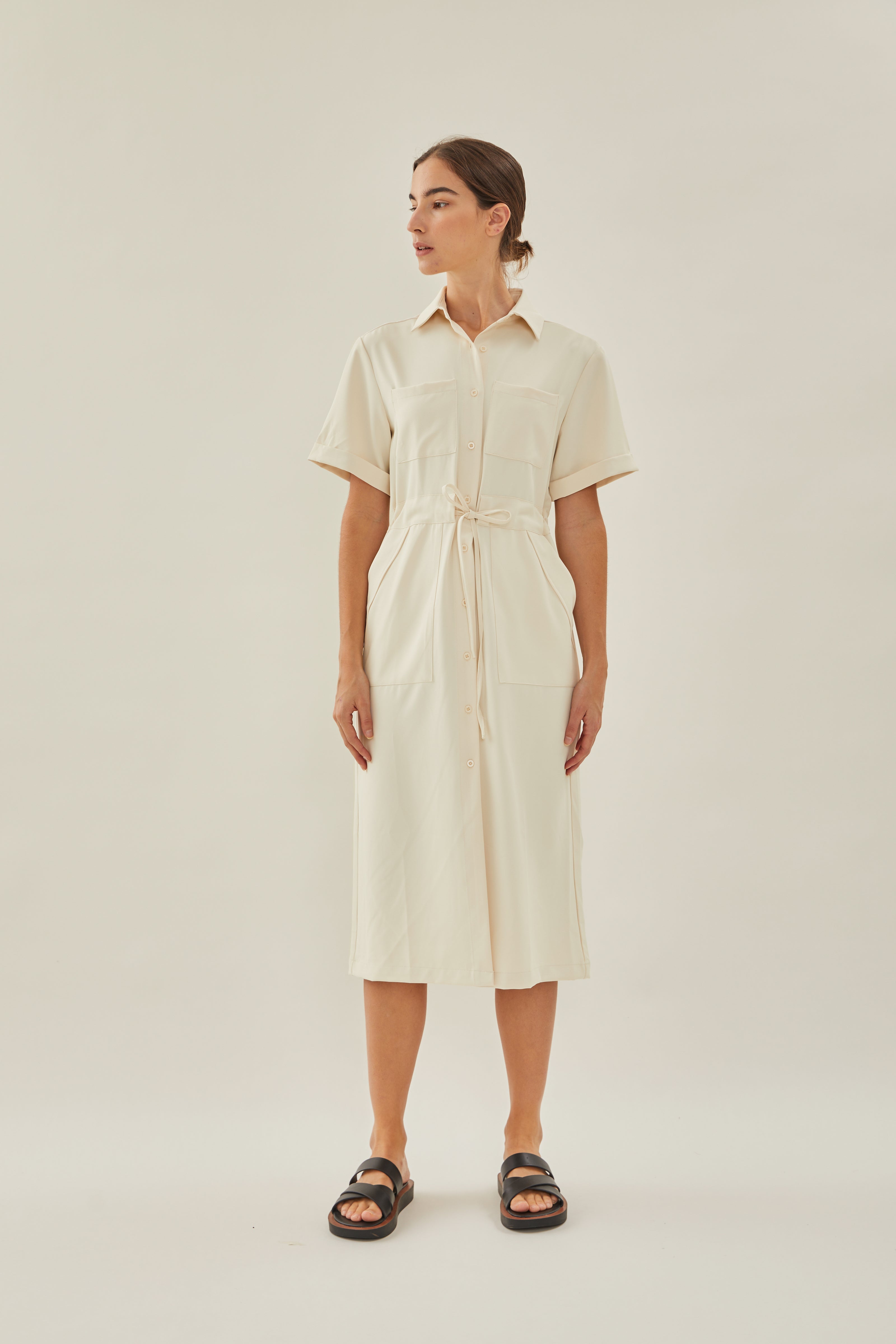 Belted Midi Shirt Dress in Ivory