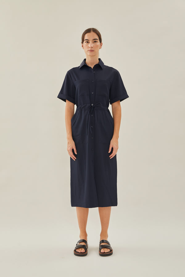 Belted Midi Shirt Dress in Dark Navy