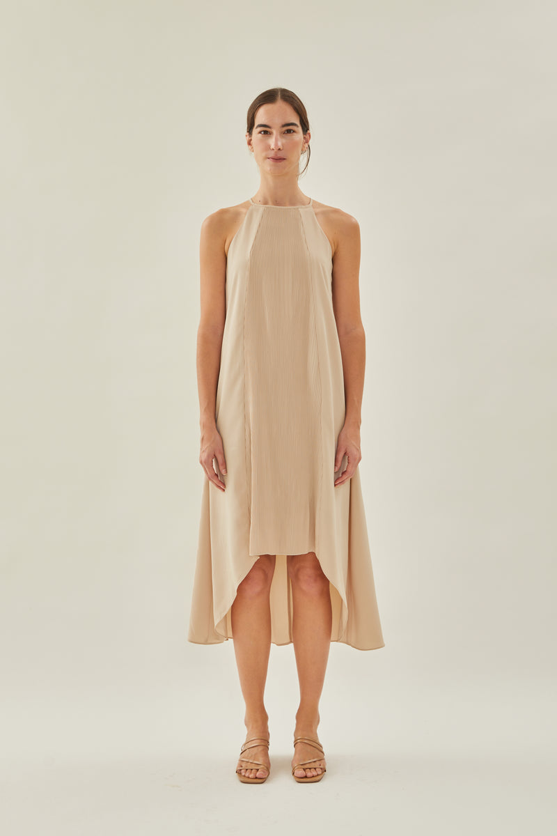 Pleated Halter Dress in Sand