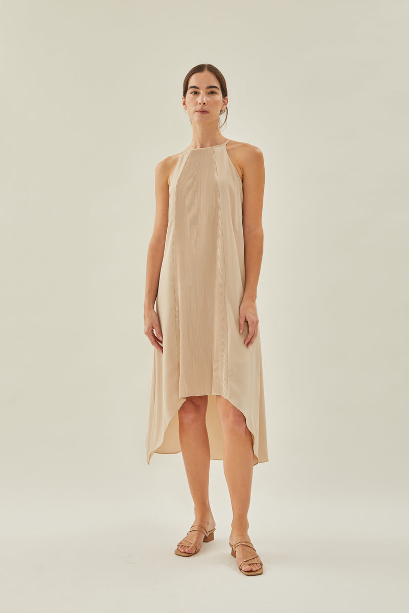 Pleated Halter Dress in Sand