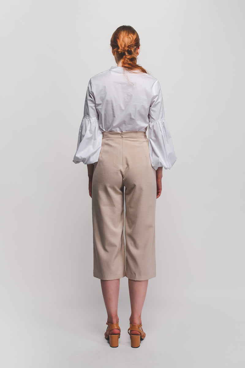 High Waisted Textured Culottes In Beige