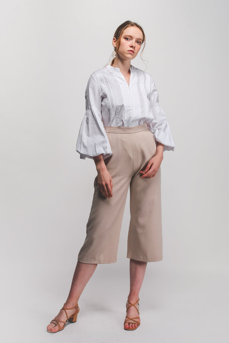 High Waisted Textured Culottes In Beige