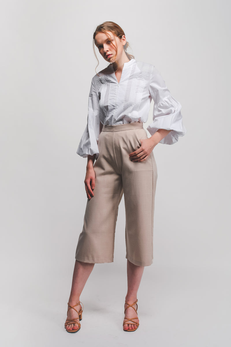 High Waisted Textured Culottes In Beige