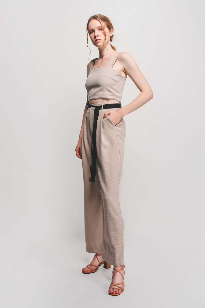Textured Wide Legged Pants W Contrasting Sash In Beige