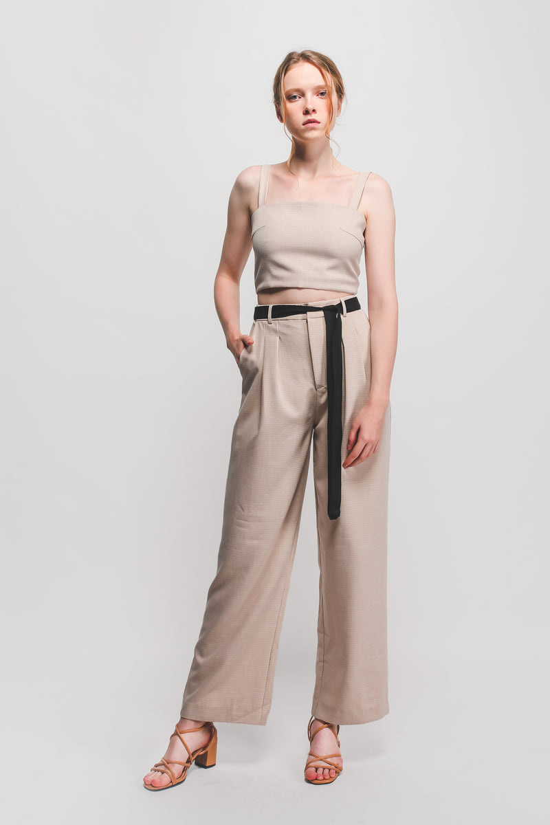Textured Wide Legged Pants W Contrasting Sash In Beige