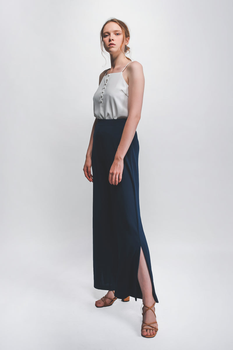 Knitted Front Slit Wide Legged Pants In Blue