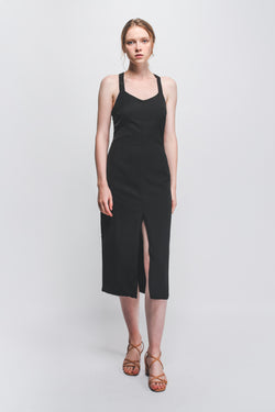 Halter-Neck Midi Dress W Front Slit In Black