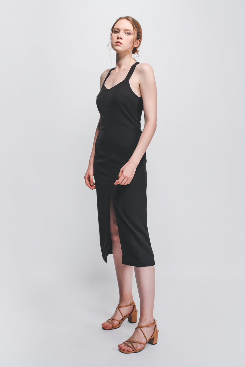 Halter-Neck Midi Dress W Front Slit In Black