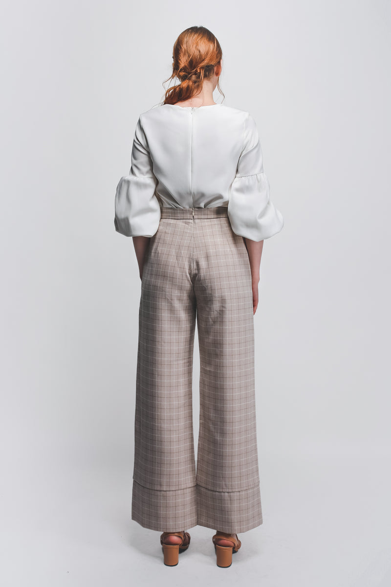 Checkered Hem Detailed Wide Legged Pants In Biege