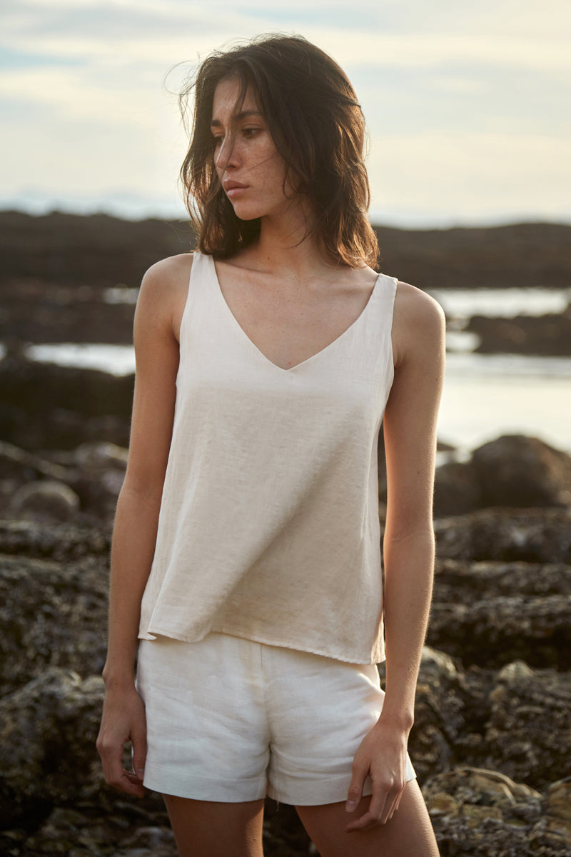 V Neck Flared Top in Ecru