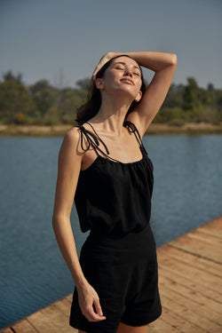 Linen Strap Top in Black