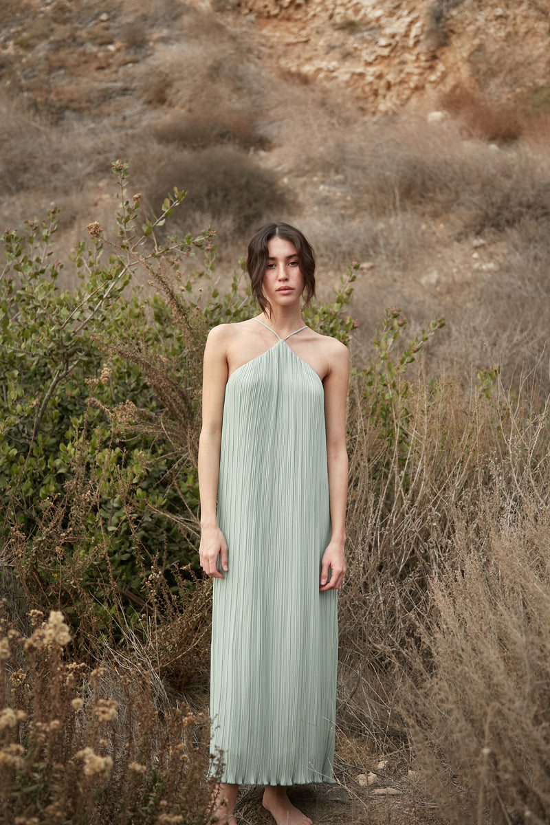 Halter Pleated Maxi Dress in Sage
