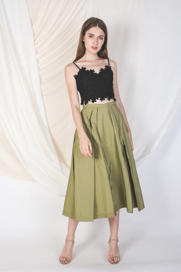 Double Pleated Midi Skirt In Olive
