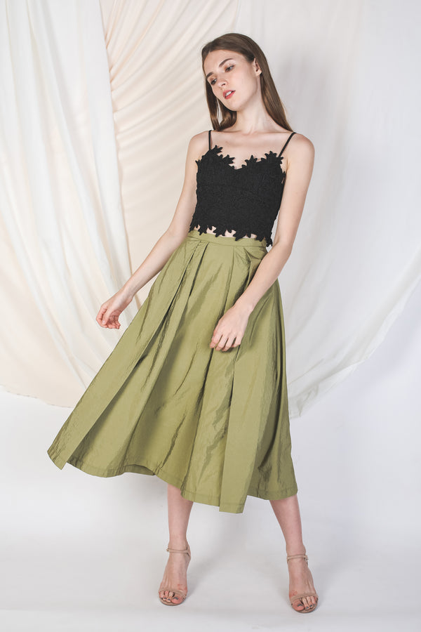 Double Pleated Midi Skirt In Olive
