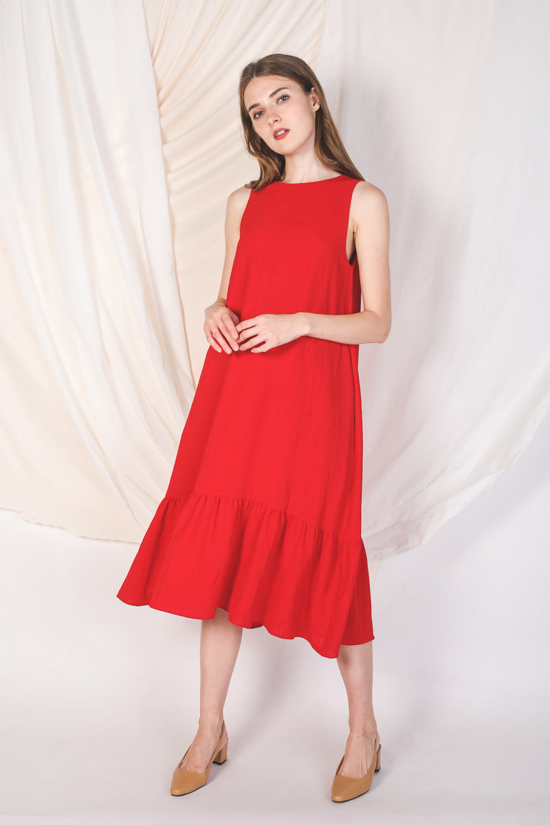 Ruffle Hem A-Line Dress In Red (Petite)