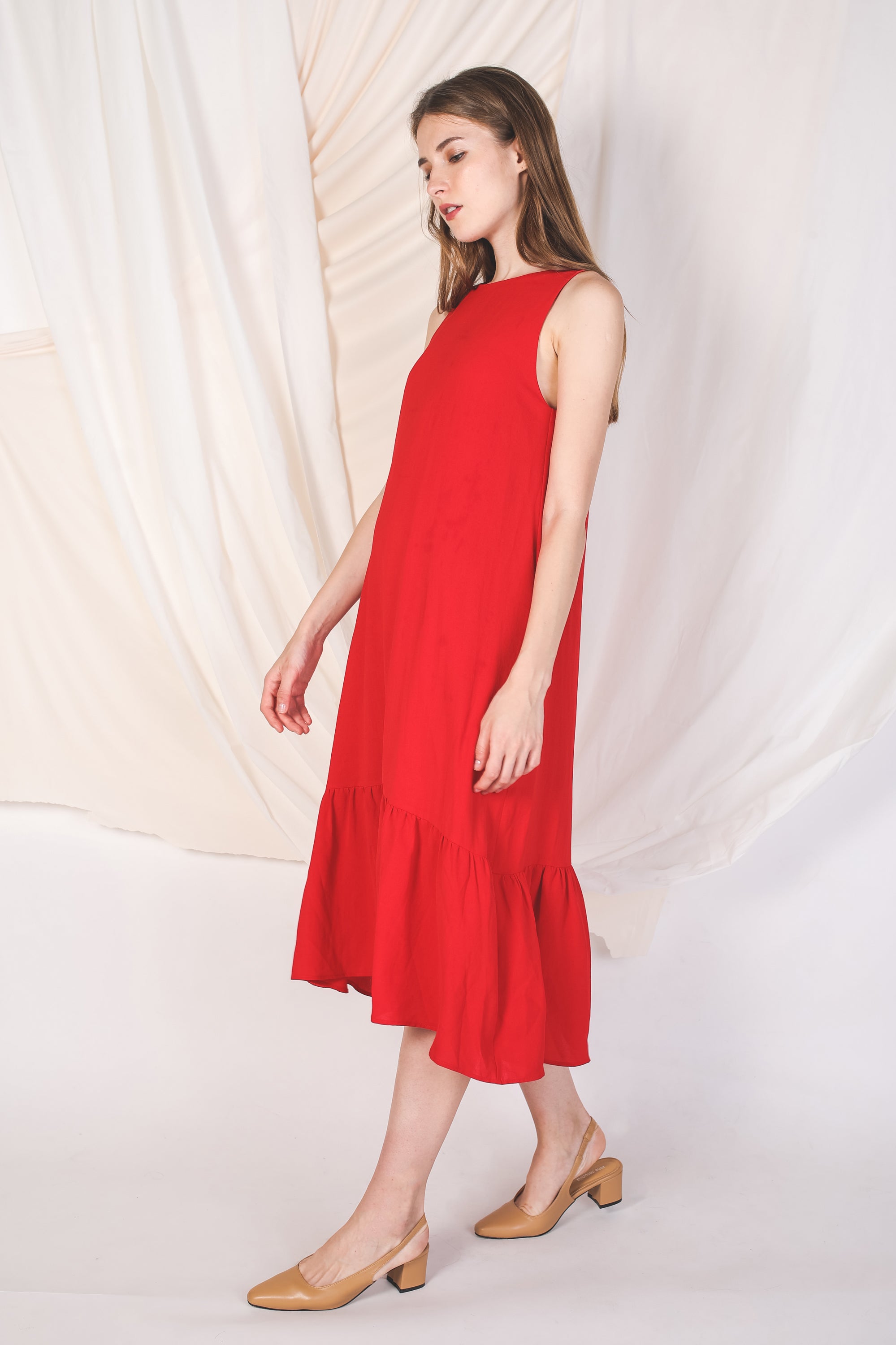Ruffle Hem A-Line Dress In Red (Petite)