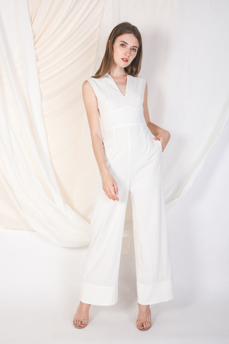 V Neck Linen Jumpsuit In White