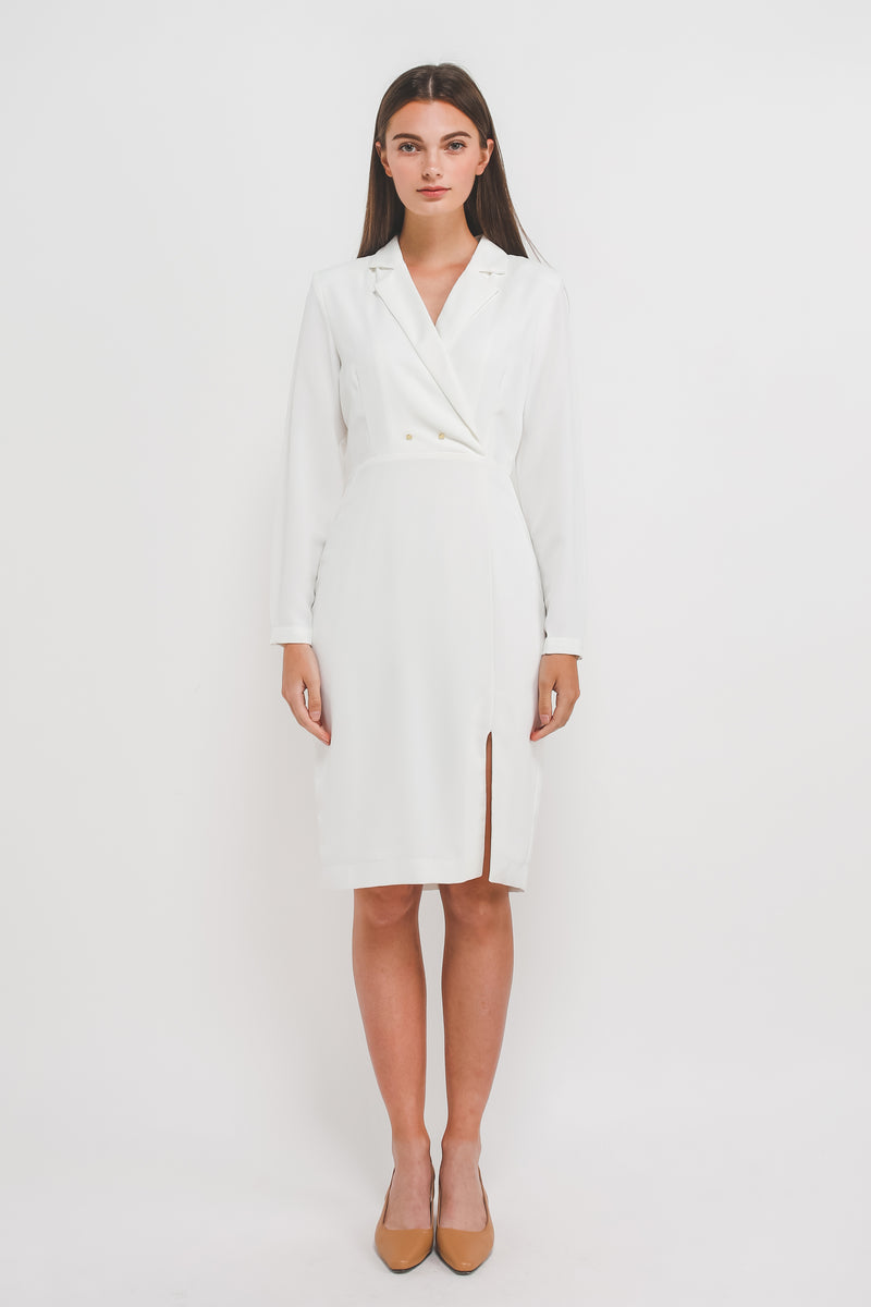 Blazer Dress w Front Slit In White