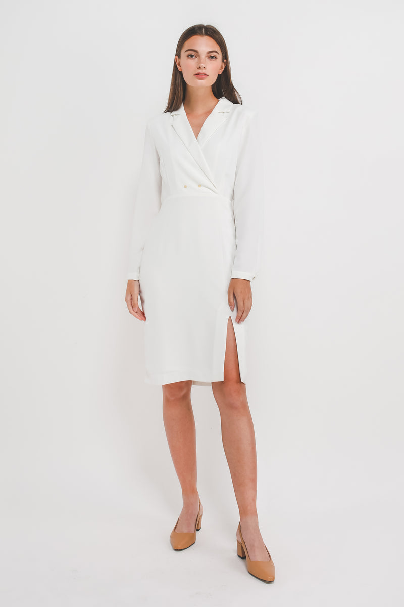 Blazer Dress w Front Slit In White