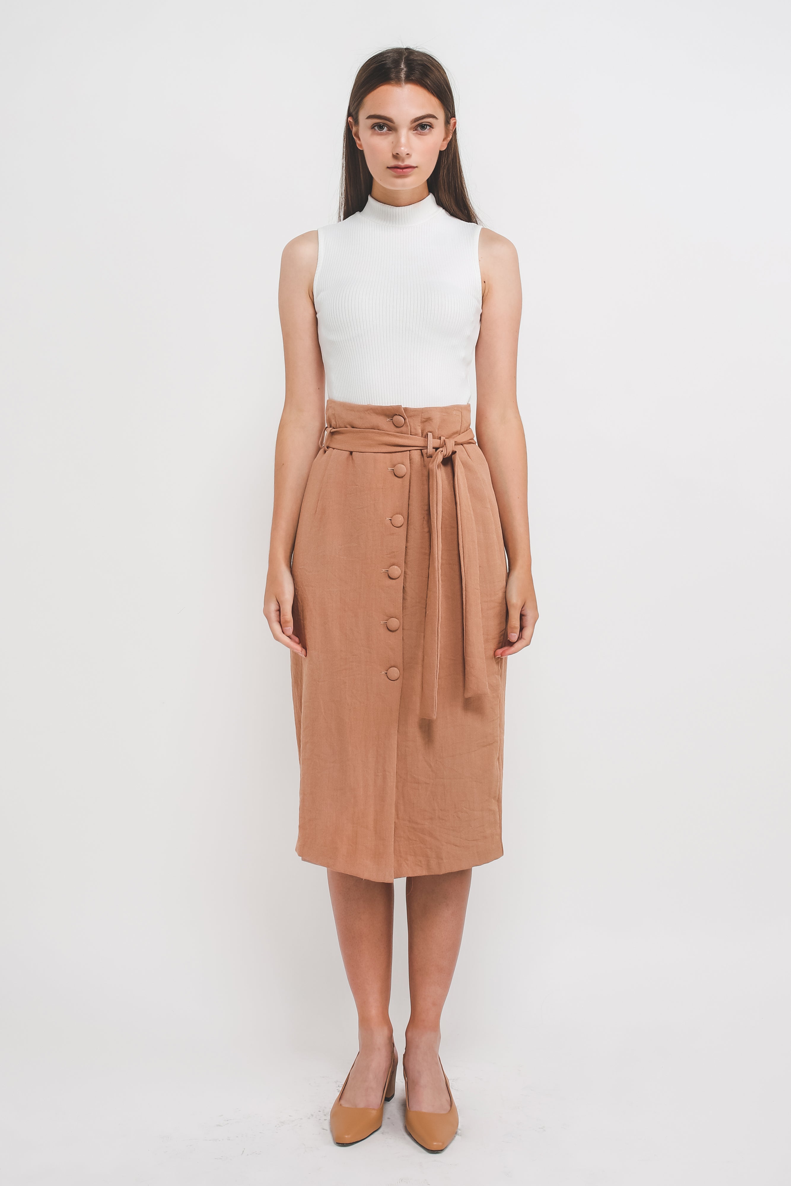 Textured Button Down Skirt w Sash In Taupe