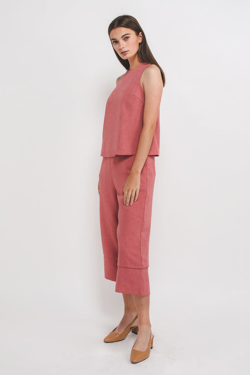 Textured Culottes w Hem Detailing In Pink