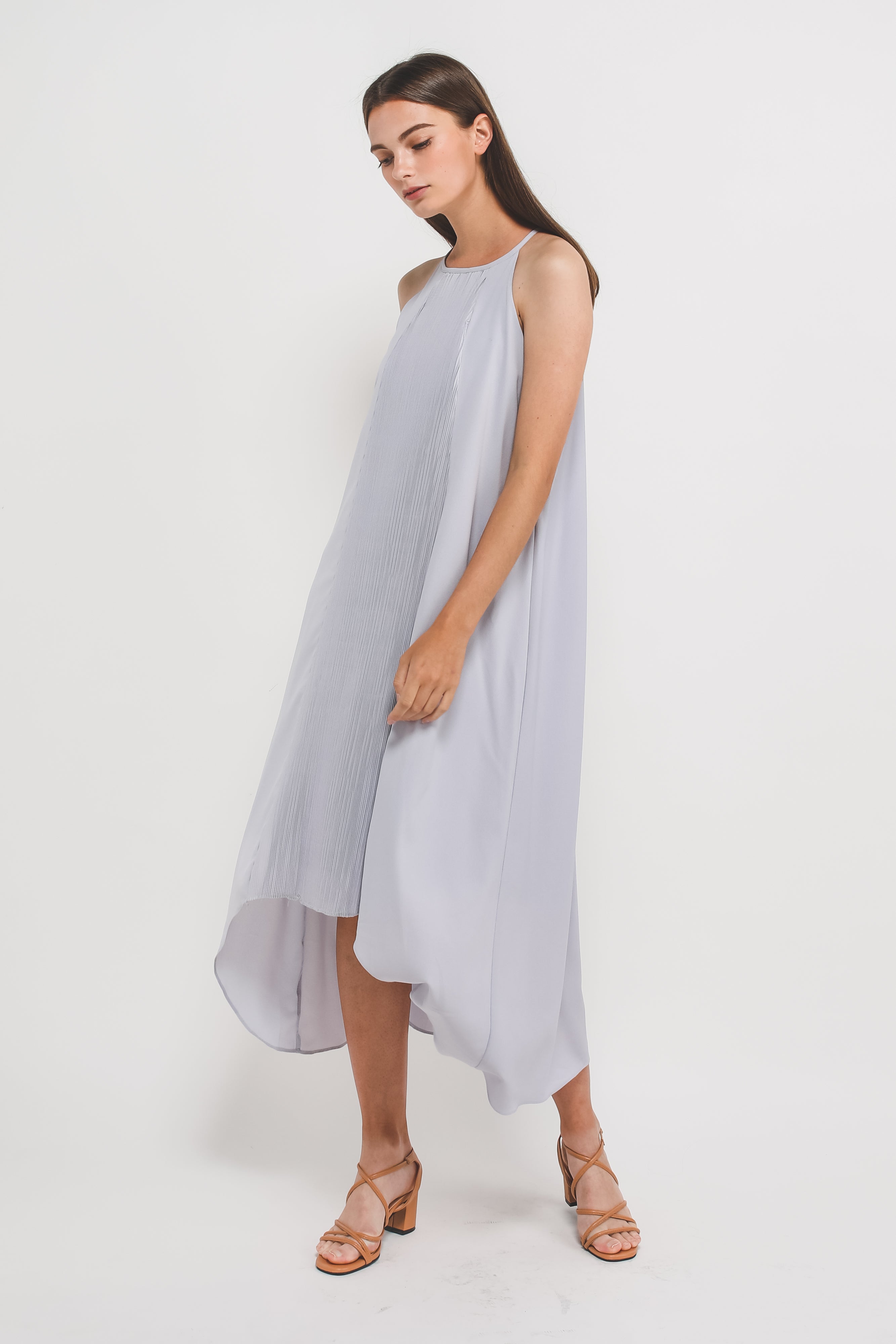 Pleated Halter Dress In Pastel Blue