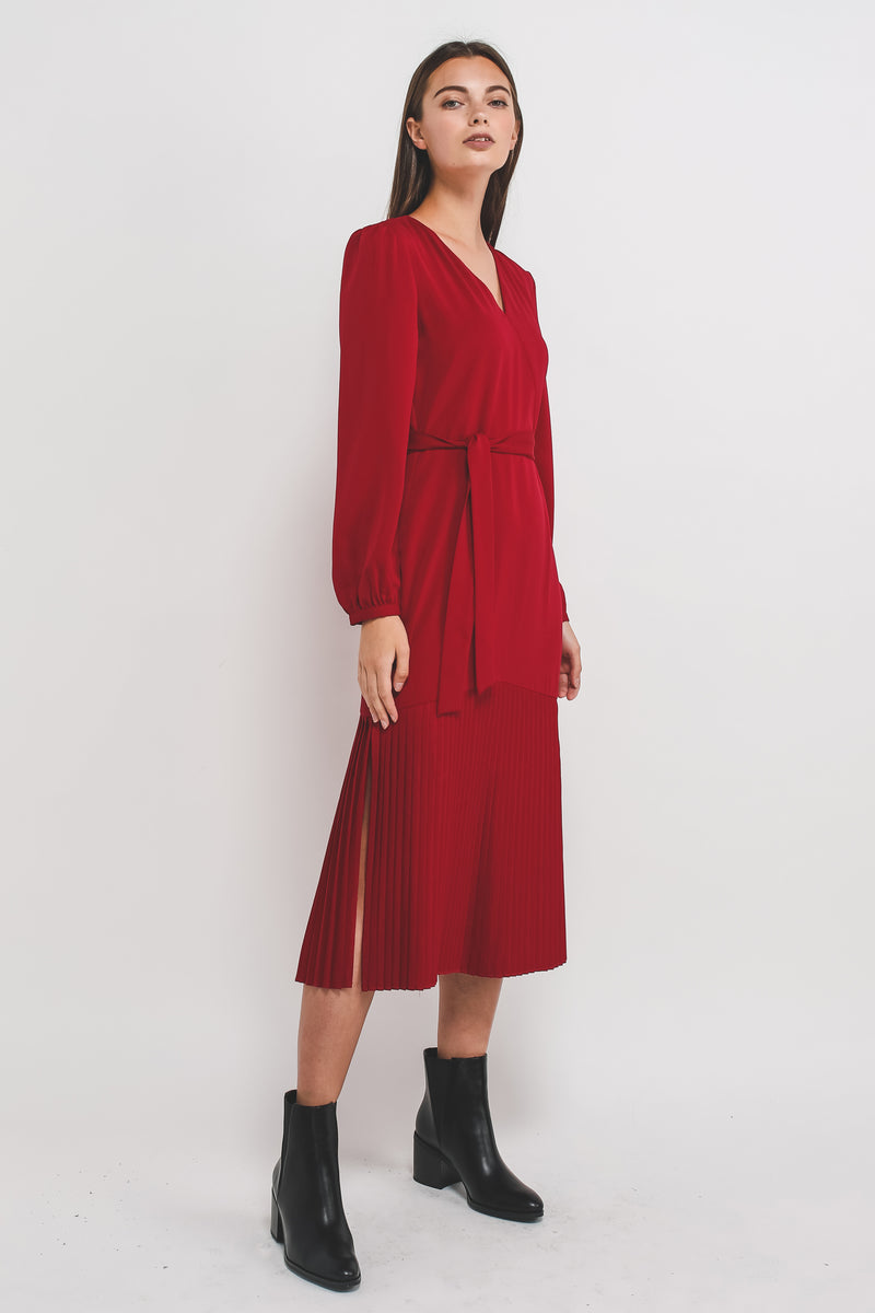 Sleeved V Neck Midi Dress With Pleated Hem In Red