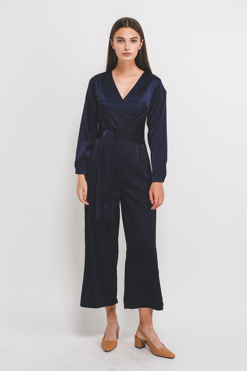 Wrap Jumpsuit W Asymmetrical Sash In Navy Blue Sheen