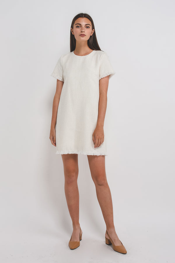 Tweed Classic Shift Dress In White