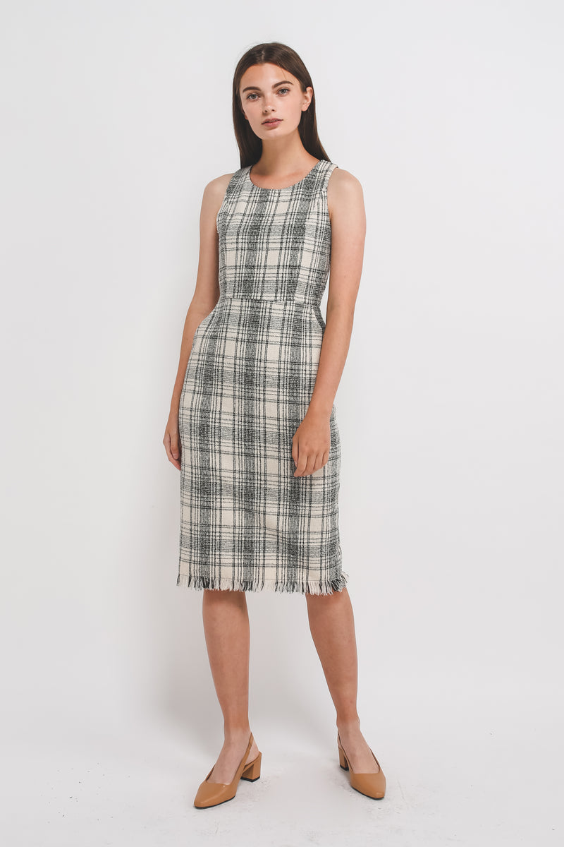 Tweed Sleevless Midi Dress In Cream