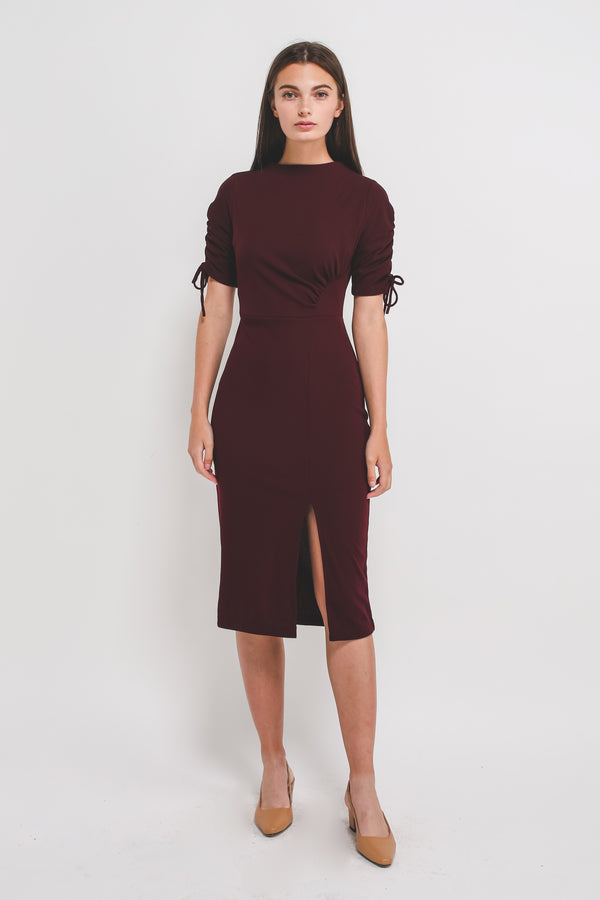 High Neck Midi Dress W Rouched Sleeves In Ribbed Knit In Maroon