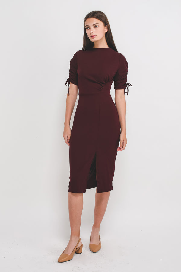 High Neck Midi Dress W Rouched Sleeves In Ribbed Knit In Maroon