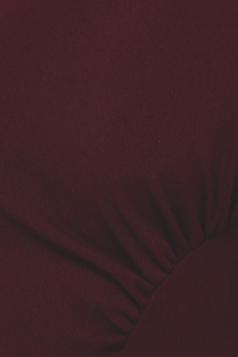 High Neck Midi Dress W Rouched Sleeves In Ribbed Knit In Maroon