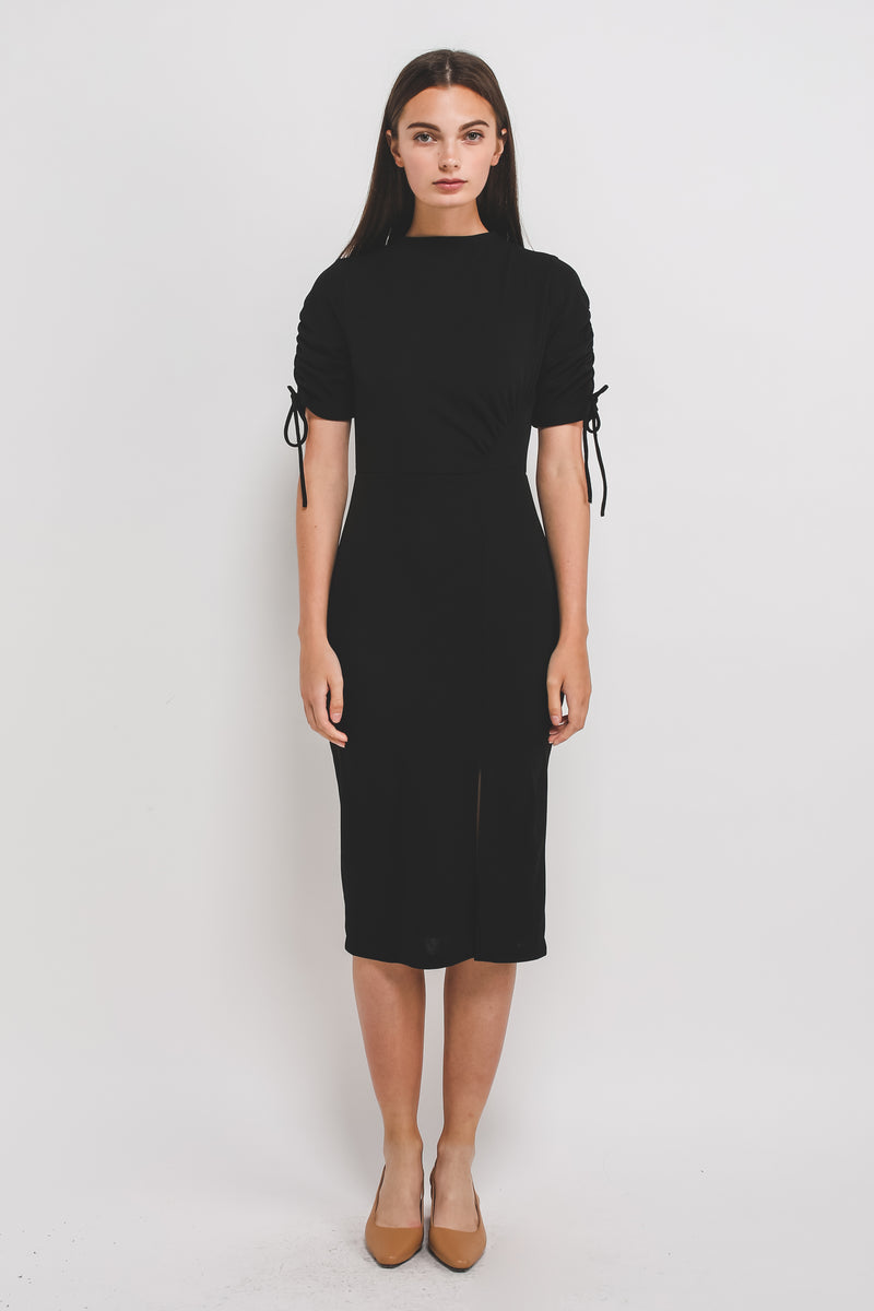 High Neck Midi Dress W Rouched Sleeves In Ribbed Knit In Black