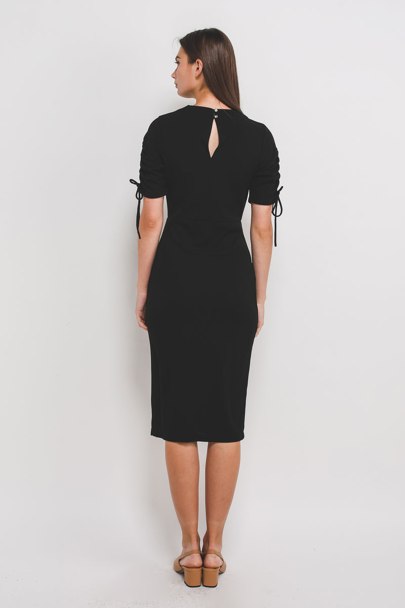 High Neck Midi Dress W Rouched Sleeves In Ribbed Knit In Black