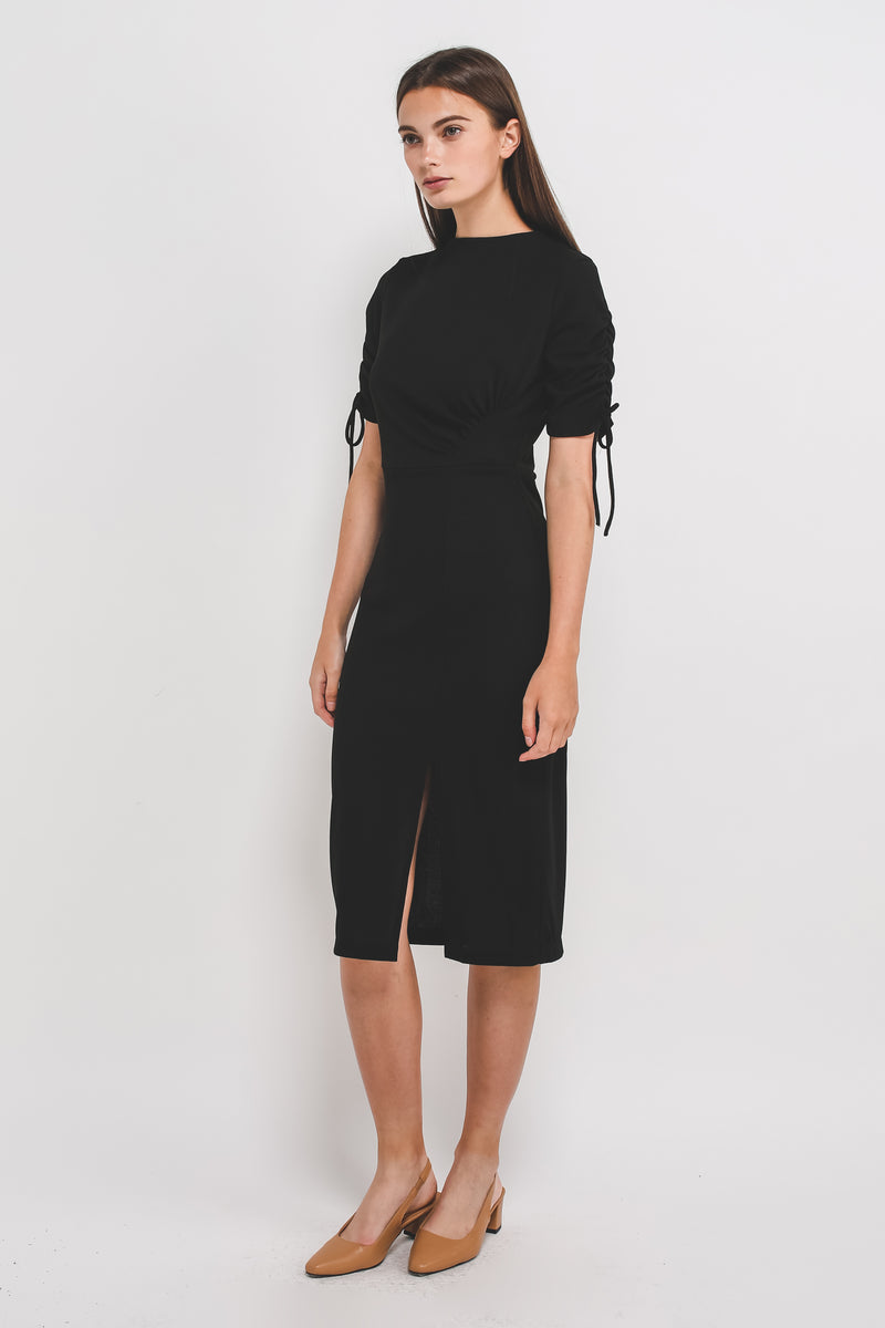 High Neck Midi Dress W Rouched Sleeves In Ribbed Knit In Black