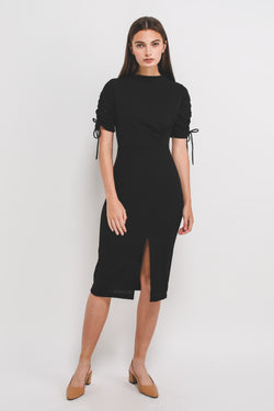 High Neck Midi Dress W Rouched Sleeves In Ribbed Knit In Black