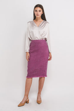 Tweed Midi Pencil Skirt In Magenta Pink