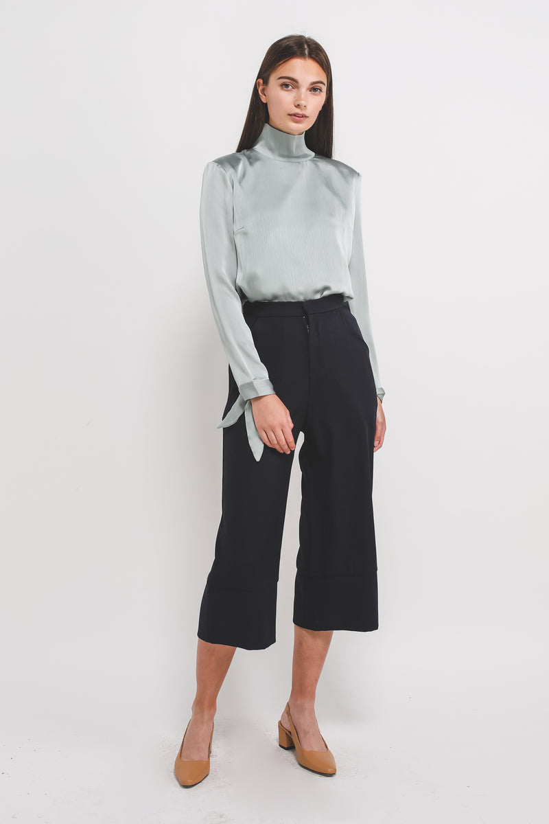 High Neck Long Sleeve Blouse W Ribbon Cuff In Powder Blue