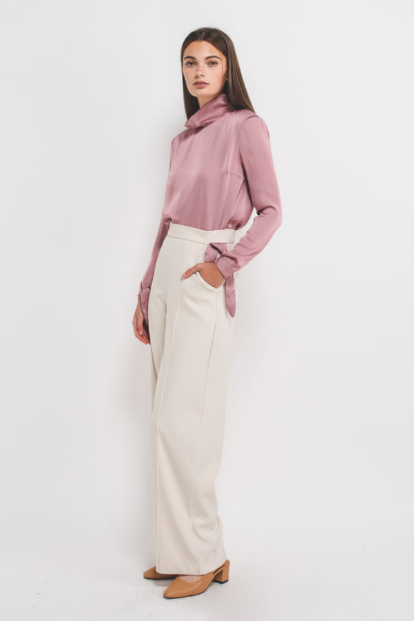 High Neck Long Sleeve Blouse W Ribbon Cuff In Pink