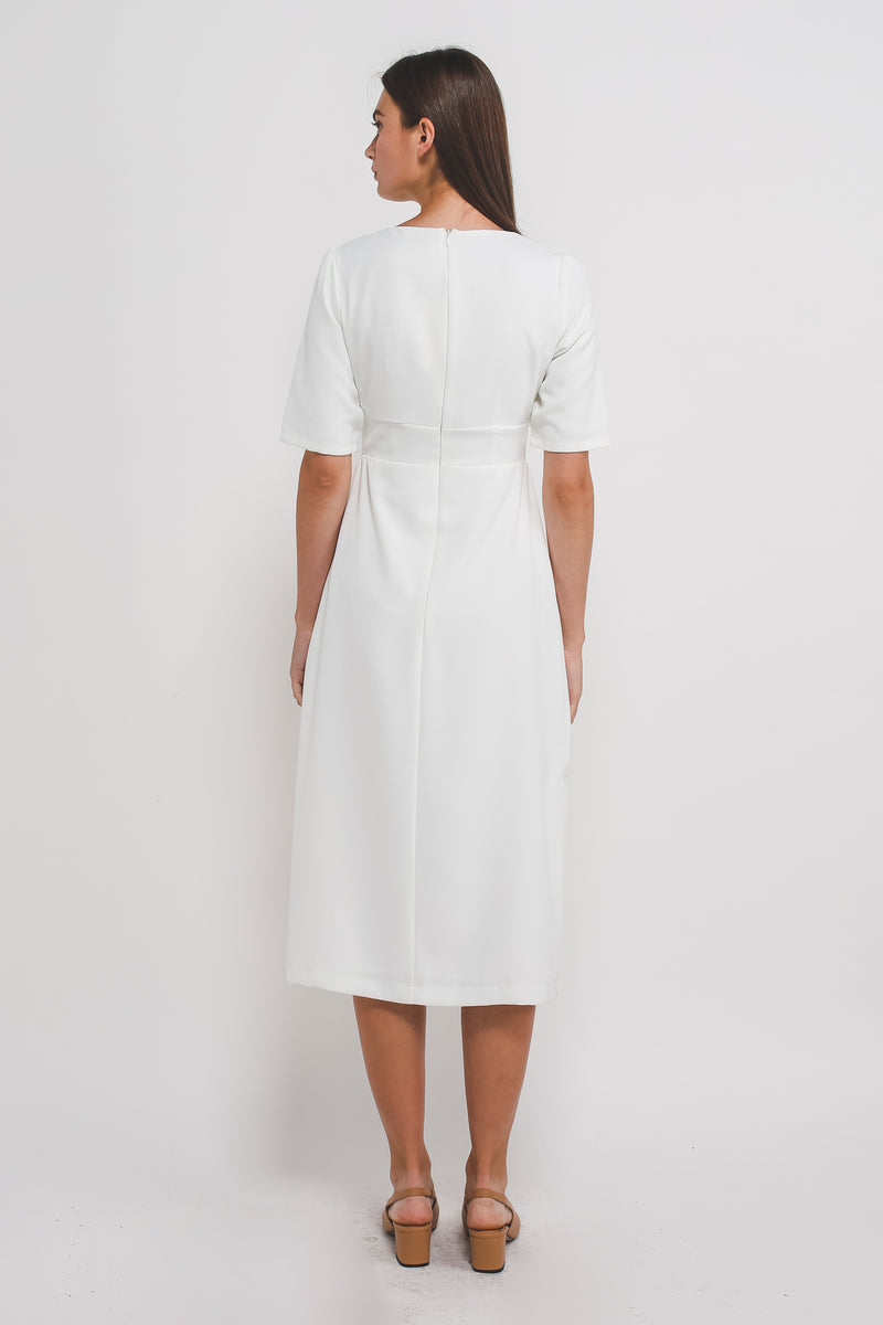 V Stitchline Detailing Sleeved Midi Dress In White