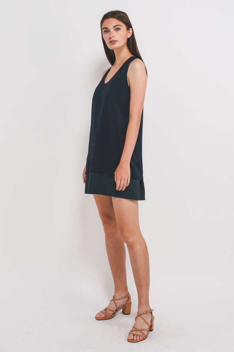 V-Neck Sleeveless Layered Dress With Front Zipper In Navy Blue
