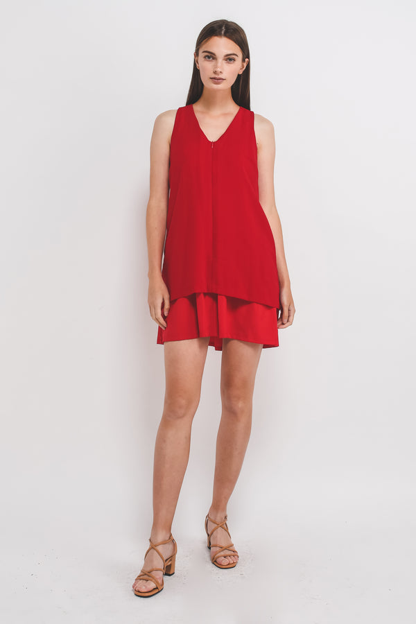 V-Neck Sleeveless Layered Dress With Front Zipper In Red